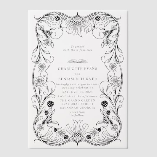 Zwart  Bloemen  Lijst bruiloft Vellum Uitnodigingen (Voorkant)