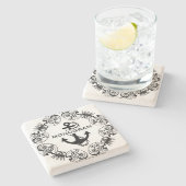 Zwart Bloemen Lijst & Nautisch Anker Monogramed Stenen Onderzetter (Zijkant)