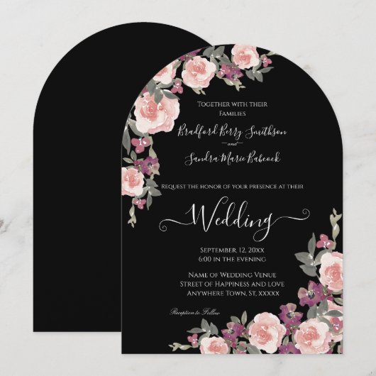 Zwart Bloemen Mauve Blush Roze Bruiloft Uitnodigin Kaart (Voorkant / Achterkant)