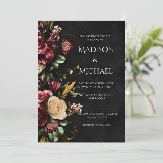 Zwart Bloemen Modern Bruiloft Kaart (Staand voorkant)
