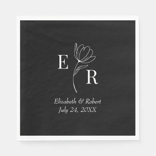 Zwart Bloemen Monogram Bruiloft Servet (Voorkant)