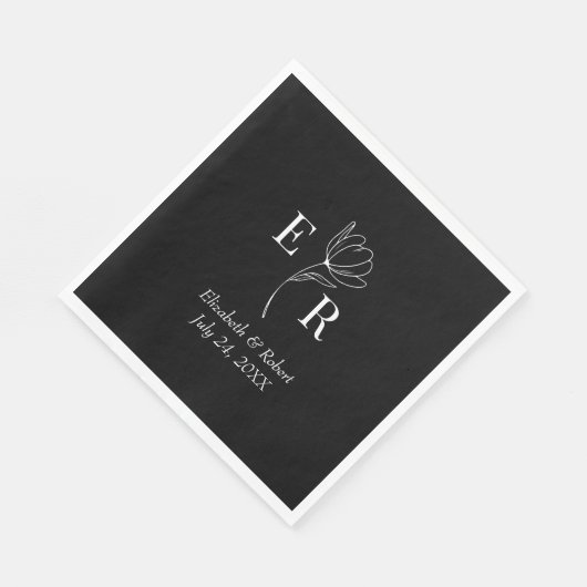 Zwart Bloemen Monogram Bruiloft Servet (Hoek)