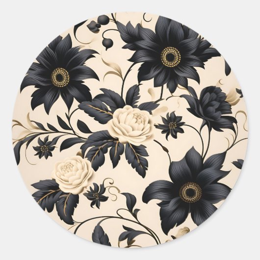 Zwart Bloemen op Beige Patroon Ronde Sticker (Voorkant)