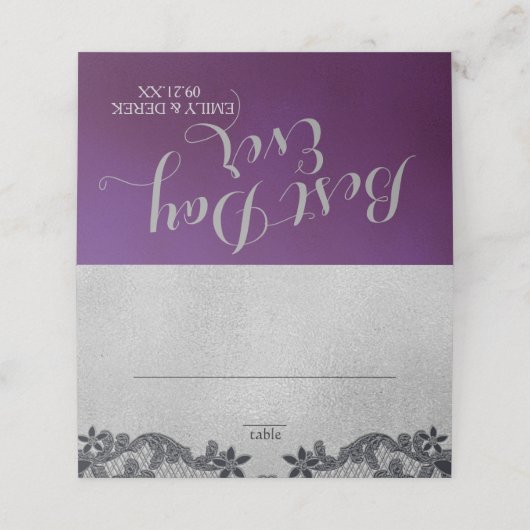 Zwart Bloemen Paarse en Zilveren Zitplaatsen Plaatskaartje (Buitenkant ongevouwen)