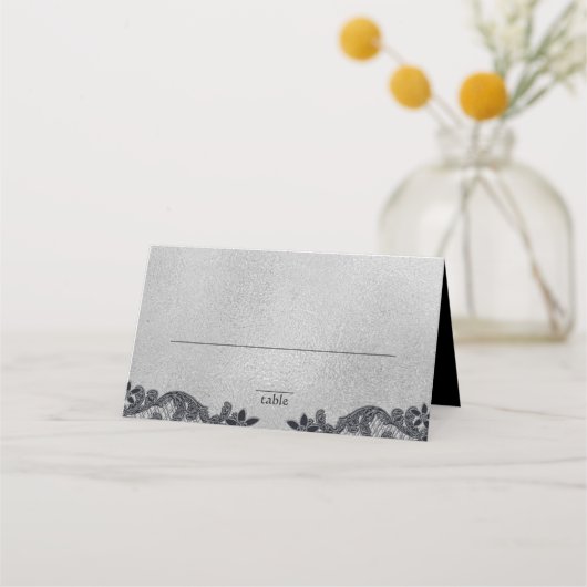 Zwart Bloemen Paarse en Zilveren Zitplaatsen Plaatskaartje (Voorkant)