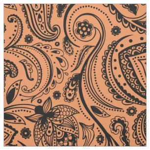 Zwart Bloemen Paisley-Custom Sinaasappel Achtergro Stof
