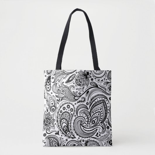 Zwart Bloemen Paisley Patroon Tote Bag (Voorkant)