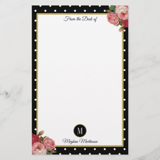 Zwart  Bloemen Polka Dots Monogram Naam Briefpapier (Voorkant)