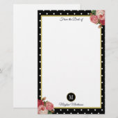 Zwart  Bloemen Polka Dots Monogram Naam Briefpapier (Voorkant / Achterkant)