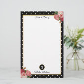 Zwart  Bloemen Polka Dots Monogram Naam Briefpapier (Staand voorkant)