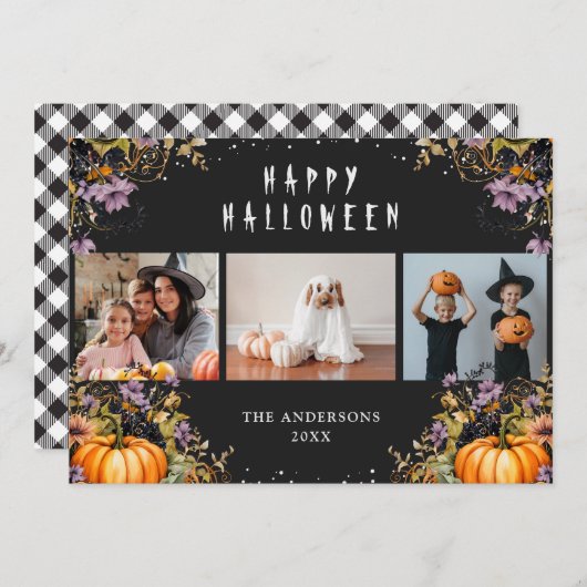 Zwart Bloemen Pompoenen 3 foto Halloween Kaarten (Voorkant / Achterkant)