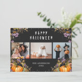 Zwart Bloemen Pompoenen 3 foto Halloween Kaarten (Staand voorkant)