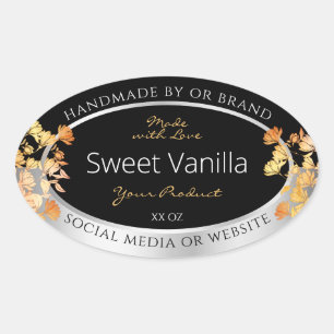 Zwart Bloemen Product Verpakkingslabel Sinaasappel Ovale Sticker
