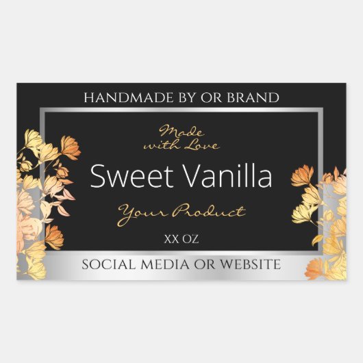 Zwart Bloemen Product Verpakkingslabel Sinaasappel Rechthoekige Sticker (Voorkant)