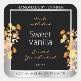 Zwart Bloemen Product Verpakkingslabel Sinaasappel Vierkante Sticker