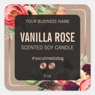 Zwart Bloemen productetiketten Vierkante Sticker