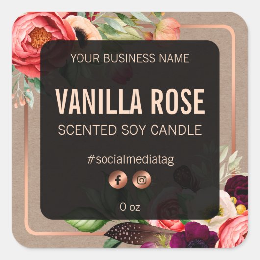 Zwart Bloemen  productetiketten Vierkante Sticker (Voorkant)