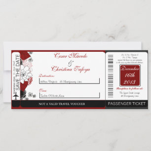 Zwart Bloemen Rood Boarding Pass Bruiloft uitnodig Kaart