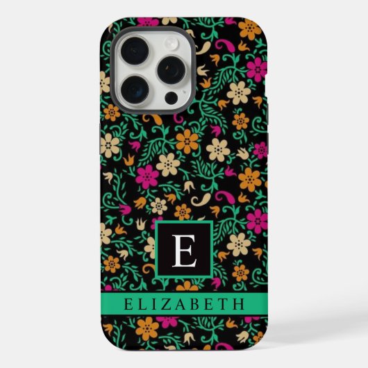  Zwart Bloemen Roze Groen iPhone Hoesje (Achterkant)