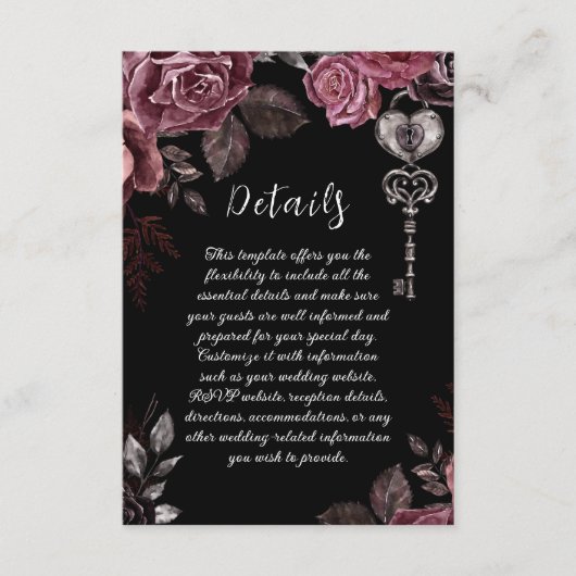 Zwart Bloemen Rozen Donker Gotisch Bruiloft Detail Informatiekaartje (Voorkant)