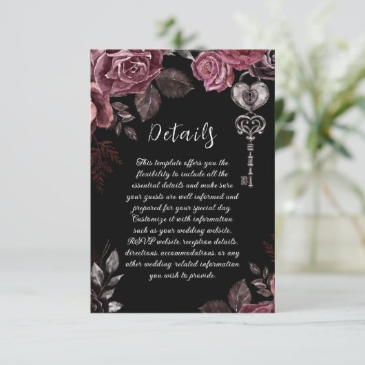 Zwart Bloemen Rozen Donker Gotisch Bruiloft Detail Informatiekaartje (Staand voorkant)