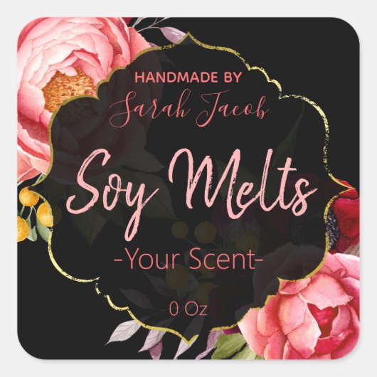  Zwart Bloemen Soja Smeltlabel Vierkante Sticker (Voorkant)