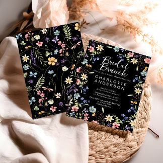 Zwart Bloemen Vrijgezellenfeest Bridal Brunch Kaart