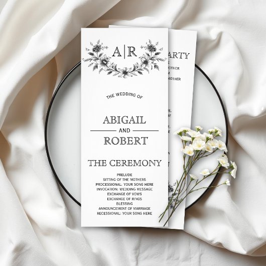 Zwart bloemenlijst met monogram huwelijksprogramma reclamekaart