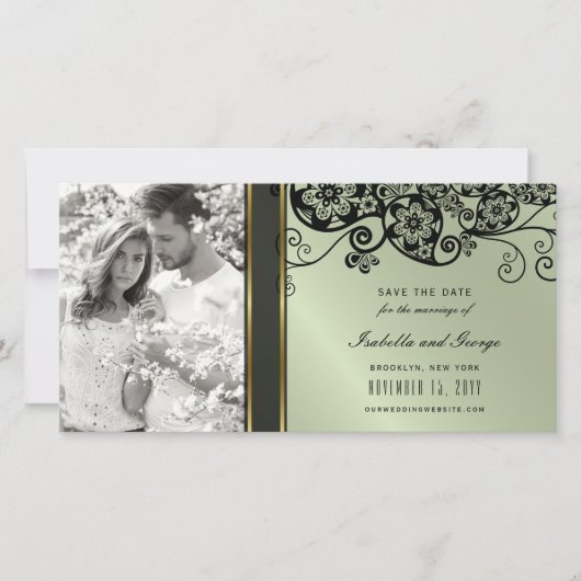  zwart bloemenpaisley wervelt elegante foto save the date (Voorkant)