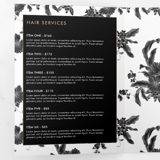  zwart bloemenpatroon brochure drieluik kaart (Binnenzijde eerst)