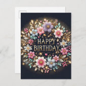 Zwart bloemenverjaardagsfeestje briefkaart (Voorkant / Achterkant)