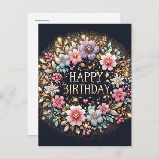 Zwart bloemenverjaardagsfeestje briefkaart (Voorkant / Achterkant)