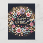 Zwart bloemenverjaardagsfeestje briefkaart (Voorkant)
