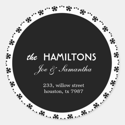 Zwart bloemig - adresetiketten ronde sticker (Voorkant)