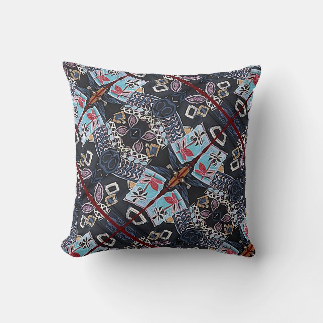 Zwart bloemig geometrisch patroon mooi kussen (Voorkant)