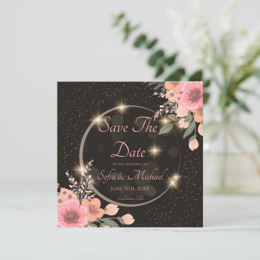 Zwart/bloemig Save the Date Kaart (Staand voorkant)