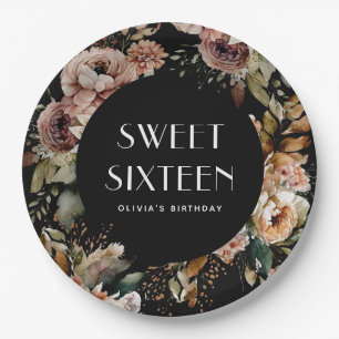 Zwart & Bloemig Sweet Sixteen Elegante Verjaarda Papieren Bordje