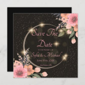 Zwart/bloemige Save the Date Kaart (Voorkant / Achterkant)