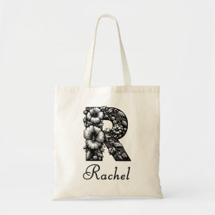Zwart Bloemletter R Monogram & Naam Tote Bag