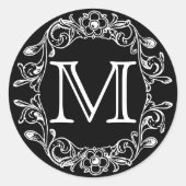 Zwart bloemmonogram ronde sticker (Voorkant)