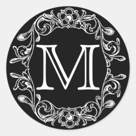 Zwart  bloemmonogram ronde sticker