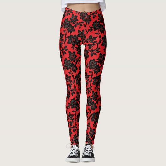 Zwart bloempatroon rood leggings (Voorkant)