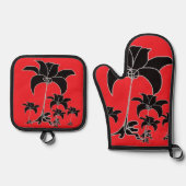 Zwart Bloemrood Ovenwant & Pannenlap Set (Voorkant)