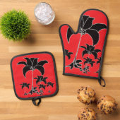 Zwart Bloemrood Ovenwant & Pannenlap Set (Top down)