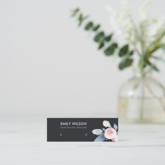 ZWART BLUSH BLAUW BLOEMEN STUD OORBEL DISPLAY LOGO MINI VISITEKAARTJE (Staand voorkant)
