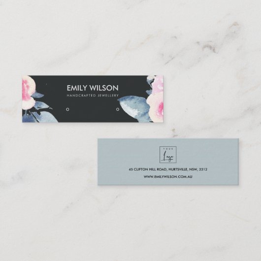 ZWART BLUSH BLAUW BLOEMEN STUD OORBEL DISPLAY LOGO MINI VISITEKAARTJE (Voorkant / Achterkant)