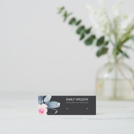 ZWART BLUSH BLAUW BLOEMEN STUD OORBEL DISPLAY LOGO MINI VISITEKAARTJE (Staand voorkant)