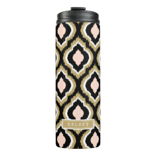 Zwart Blush en Goud Ikat Marokkaans Monogram Thermosbeker