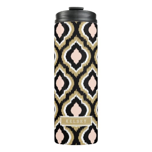 Zwart Blush en Goud Ikat Marokkaans Monogram Thermosbeker (Voorkant)