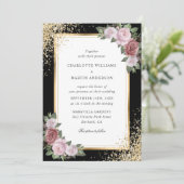 Zwart Blush Goud Lijst Confetti Bloemen Huwelijk Kaart (Staand voorkant)